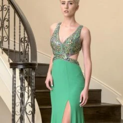 In Stock Vienna 8165 Aqua Size 0 Crystal V Neck Cutout Slit Prom Dress Sexy Pageant Gown