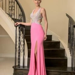 In Stock Vienna 8165 Aqua Size 0 Crystal V Neck Cutout Slit Prom Dress Sexy Pageant Gown