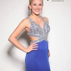 In Stock Vienna 8165 Aqua Size 0 Crystal V Neck Cutout Slit Prom Dress Sexy Pageant Gown