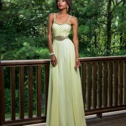 In Stock Vienna Prom 8187 Yellow Size 4 Prom Dress Sheer Embellished Evening Gown