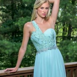 In Stock Vienna 8189 Aqua Size 2 Prom Dress Pageant Gown One Shoulder Chiffon Crystal
