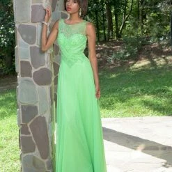 In Stock Vienna Prom 8190 Size 0 Lime Long Prom Dress Sheer A Line Formal Beaded