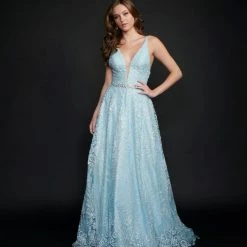 In Stock Ballgown Dresses Nina Canacci 8199 Size 4,6,8,10 Long Baby Blue Ballgown Prom Dress Pageant Gown Glitter Shimmer
