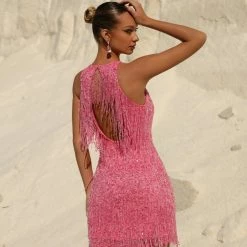 Blush Prom Intrigue 829 Short Beaded Fringe Formal Cocktail Dress High Neck Gown Fringe & Tassels