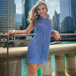 Blush Prom Intrigue 829 Short Beaded Fringe Formal Cocktail Dress High Neck Gown Fringe & Tassels