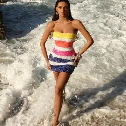 Sequin Dresses Blush Prom Intrigue 834 Short Fitted Strapless Sequin Cocktail Dress Formal Gown