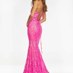 Ashleylauren Ashley Lauren 11114 Spaghetti Strap Stretch Sequin Gown With Lace Up Back Mermaid Dresses