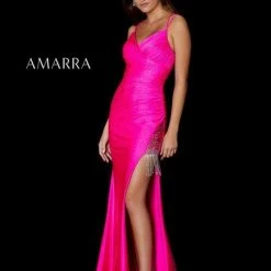 Amarra 87323 Bright Fuchsia Jersey Thigh Slit Crystal Fringe Prom Dress Pageant Gown Backless Dresses