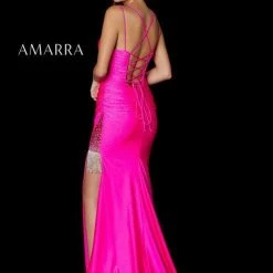 Amarra 87323 Bright Fuchsia Jersey Thigh Slit Crystal Fringe Prom Dress Pageant Gown Backless Dresses