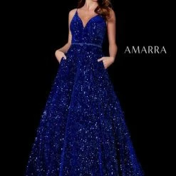 Amarra 87235 Long Sequin Ball Gown Corset Prom Dress Pockets Formal Pockets