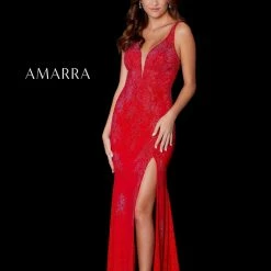 Amarra 87247 Long Fitted Jersey Rhinestone V Neck Slit Backless Corset Pageant Backless Dresses