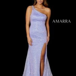 In Stock Backless Dresses Amarra 87257 Size 10 Lilac Long Fitted Sequin One Shoulder Prom Dress Pageant Slit Gown