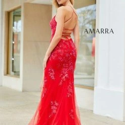 Backless Dresses Amarra 87272 Long Fitted Sequin Floral Lace Prom Dress Slit Backless Corset Formal Gown