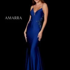 Amarra 87277 Long Fitted Backless Navy Prom Dress Floral Formal Gown Corset