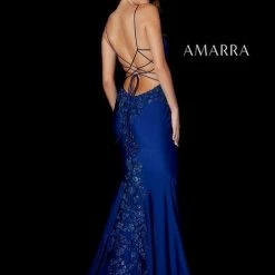 Amarra 87277 Long Fitted Backless Navy Prom Dress Floral Formal Gown Corset
