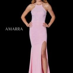 Backless Dresses Amarra 87316 Long Halter Crystal Studded Shimmer Prom Dress Backless Pageant Gown