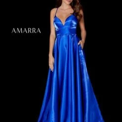 Backless Dresses Amarra 87325 Long A Line Satin Prom Dress Corset Back Pockets Formal Gown