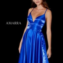 Backless Dresses Amarra 87325 Long A Line Satin Prom Dress Corset Back Pockets Formal Gown