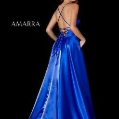 Backless Dresses Amarra 87325 Long A Line Satin Prom Dress Corset Back Pockets Formal Gown