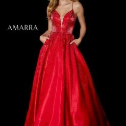 Amarra 87327 Long Satin Crystal Prom Dress Formal Ball Gown A Line V Neck