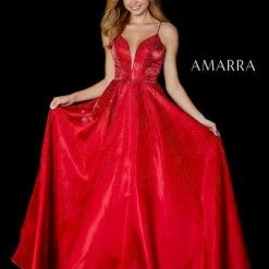 Amarra 87327 Long Satin Crystal Prom Dress Formal Ball Gown A Line V Neck