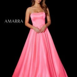 Ballgown Dresses Amarra 87344 Long Satin A Line Strapless Ball Gown Prom Dress Corset Back Formal
