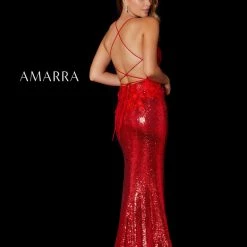 Amarra 87408 Long Fitted Sequin 3D Floral Lace High Slit Backless Prom Dress Formal Backless Dresses