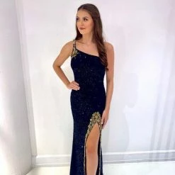 Backless Dresses Amarra 87412 Long Fitted One Shoulder Beaded Prom Dress Slit Embellished Gown