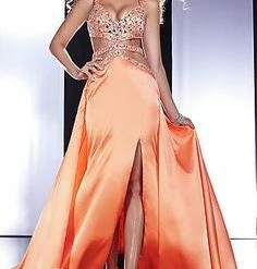 In Stock Tiffany Panoply 14452 Salmon Size 4 Cut Out Prom Dress Satin Straps Crystal