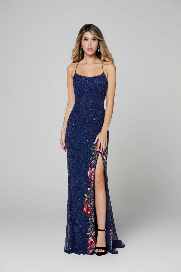 In Stock Primavera Couture 3427 Size 4, 10 Royal Blue Sequin Beaded Prom Dress Floral Slit Details 9 In Stock Primavera Couture 3427 Size 4, 10 Royal Blue Sequin Beaded Prom Dress Floral Slit Details