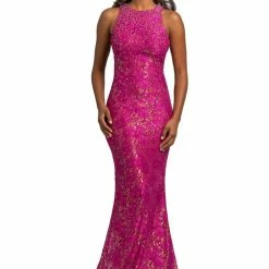 In Stock Johnathan Kayne 2036 Size 12 Magenta Metallic Shimmer Lace Prom Dress Pageant Gown