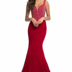 In Stock Mermaid Dresses Johnathan Kayne 9019 Size 16 Fitted Velvet Mermaid Pageant Dress Plunging Neck Crystal Bodice