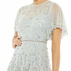 Mac Duggal 93655 Tea Length Formal Sheer Embellished Prom Dress Short Sleeve Gown