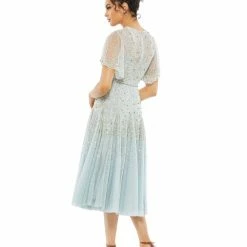 Mac Duggal 93655 Tea Length Formal Sheer Embellished Prom Dress Short Sleeve Gown