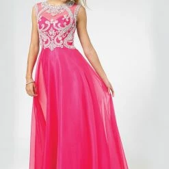 In Stock Jovani 98542 Size 12 Sheer High Neck Prom Dress Pageant Gown Fuchsia Pink