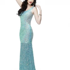 In Stock Backless Dresses Primavera Couture 9988 Size 2 Long Fitted Sequin One Shoulder Formal Dress Pageant