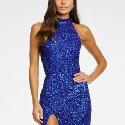 Ashleylauren Ashley Lauren 11174 Sequin Halter Evening Prom Dress With Slit High Neckline Sequin Dresses