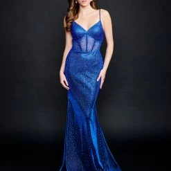 Nina Canacci 9134 Long Prom Dress Sheer Crystal Corset Bodice Mermaid Pageant Gown