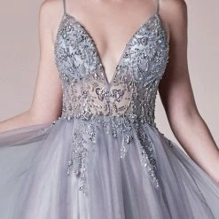 In Stock Ballgown Dresses Andrea & Leo OPHELIA A0672 Size 10 Long Shimmer Maxi Slit Sheer Formal Dress A Line Beaded