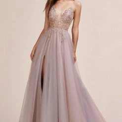 Andrea & Leo Couture Andrea & Leo OPHELIA A0672 Long Shimmer Maxi Slit Sheer Formal Dress A Line Beaded Ballgown Dresses