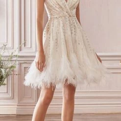 In Stock Andrea & Leo WREN A1012 Size 12 Short Beaded Feather Cocktail Dress V Neck Formal Gown