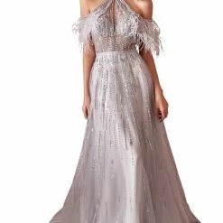 Andrea & Leo Couture Andrea & Leo ANASTASIA A1023 A Line Sheer Feather Beaded Formal Dress Off Shoulder