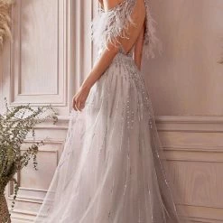 Andrea & Leo Couture Andrea & Leo ANASTASIA A1023 A Line Sheer Feather Beaded Formal Dress Off Shoulder