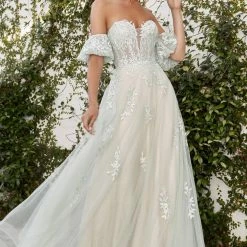 In Stock Andrea & Leo WILLOW A1046 Size 12 Shimmer A Line Lace Dress Off Shoulder Puff Sleeve Gown Bell Sleeves