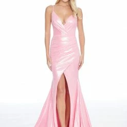 In Stock Mermaid Dresses Ashley Lauren 1751 Size 4 Metallic Mermaid Prom Dress V Neck Pageant Slit Gown