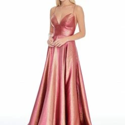 In Stock Ashley Lauren 1937 Hot Pink/Gold Prom Dress Sz 4,6,8 Metallic Shimmer V Neckline A Line