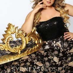 Discontinued Sydneys Closet SC 7300 Black Gold Strapless Print A Line Prom Dress Sequins Formal Dress Ballgown Dresses