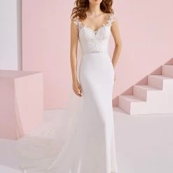 White One Bridal AKIT Pronovias Wedding Dress Mermaid V Neck Cap Sleeve Lace Crepe Mermaid Dresses