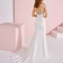 White One Bridal AKIT Pronovias Wedding Dress Mermaid V Neck Cap Sleeve Lace Crepe Mermaid Dresses