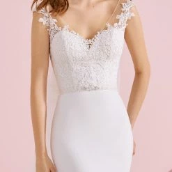 White One Bridal AKIT Pronovias Wedding Dress Mermaid V Neck Cap Sleeve Lace Crepe Mermaid Dresses